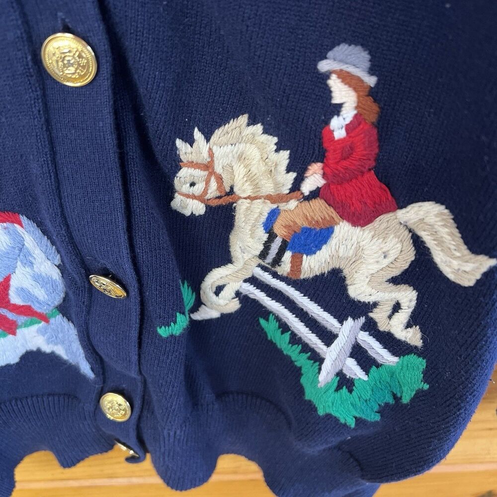 Susan Bristol Vintage 90s Embroidered Women Sports Navy Cardigan Sweater Medium - Picture 3 of 5